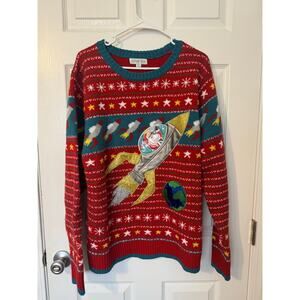 Holiday Hype Ugly Christmas Sweater Red Santa Rocket Ship Size XL